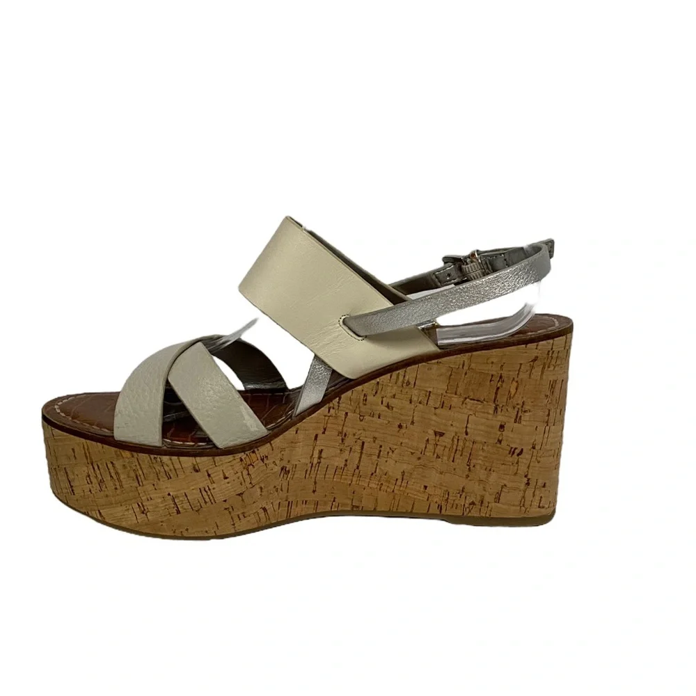 Sam Edelman Destiny Platform Fall Preppy Chic Leather Wedge‎ Sandal White Silver